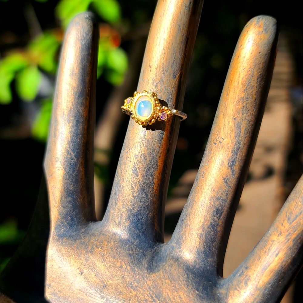 Large Opal & Amethyst sterling & gold mirror ring sz6.75